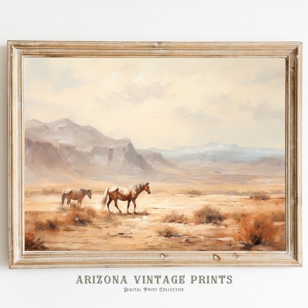 PRINTABLE Wild Horses in Desert Landscape Impressionist Digital Print | Neutral Color Tones Oil on Canvas Style | Digital Download - SW100