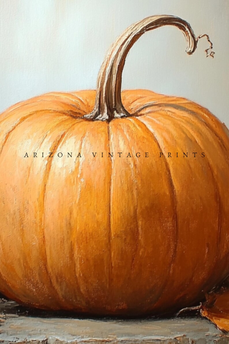 May include: A close-up of a large, orange pumpkin with a long, brown stem. The pumpkin is sitting on a wooden surface. The text "ARIZONA VINTAGE PRINTS" is visible on the pumpkin.