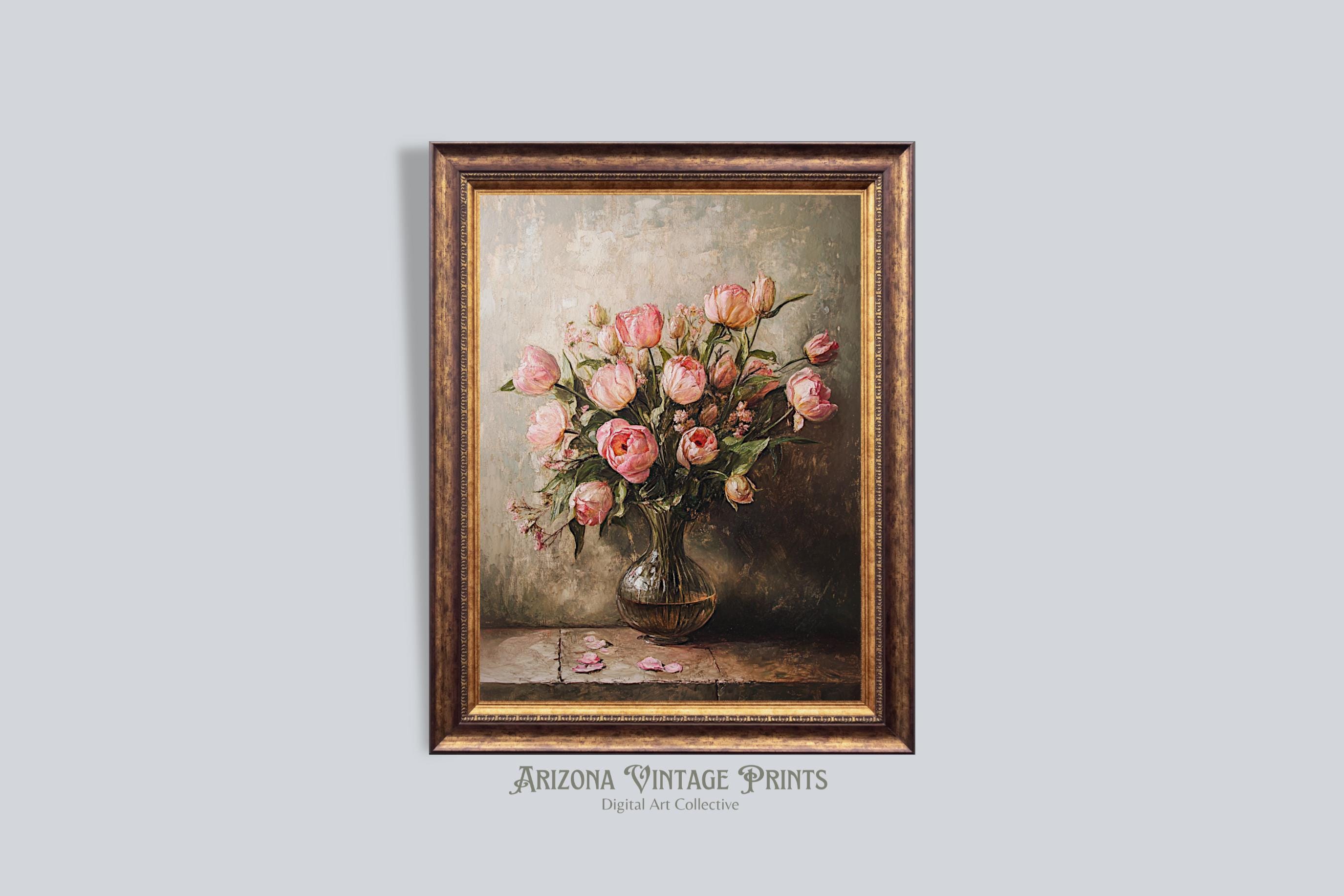 ヴィンテージローズ油絵：アンティークバロック調の花の静物画