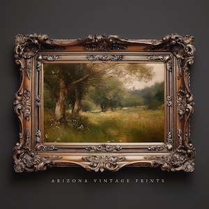 May include: A framed landscape painting with a detailed, ornate, brown and gold frame. The artwork depicts a serene outdoor scene with trees, a grassy field, and a path leading into the distance. The text "ARIZONA VINTAGE PRINTS" is at the bottom.