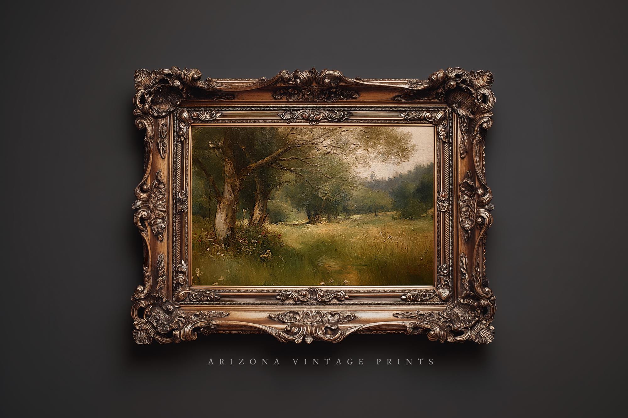 Forest Landscape Oil Painting: Sun Dappled Wooded Meadow Print