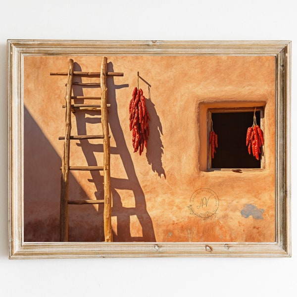 PRINTABLE Vintage Southwest Adobe House with Dried Chile Peppers Painting | Soft Warm Colors Oil on Canvas | Digital Download - SW054