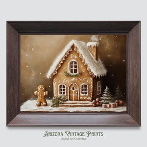 May include: A gingerbread house with white frosting and candy decorations sits on a snowy surface. A gingerbread person stands in front of the house. The scene is painted in a realistic style.