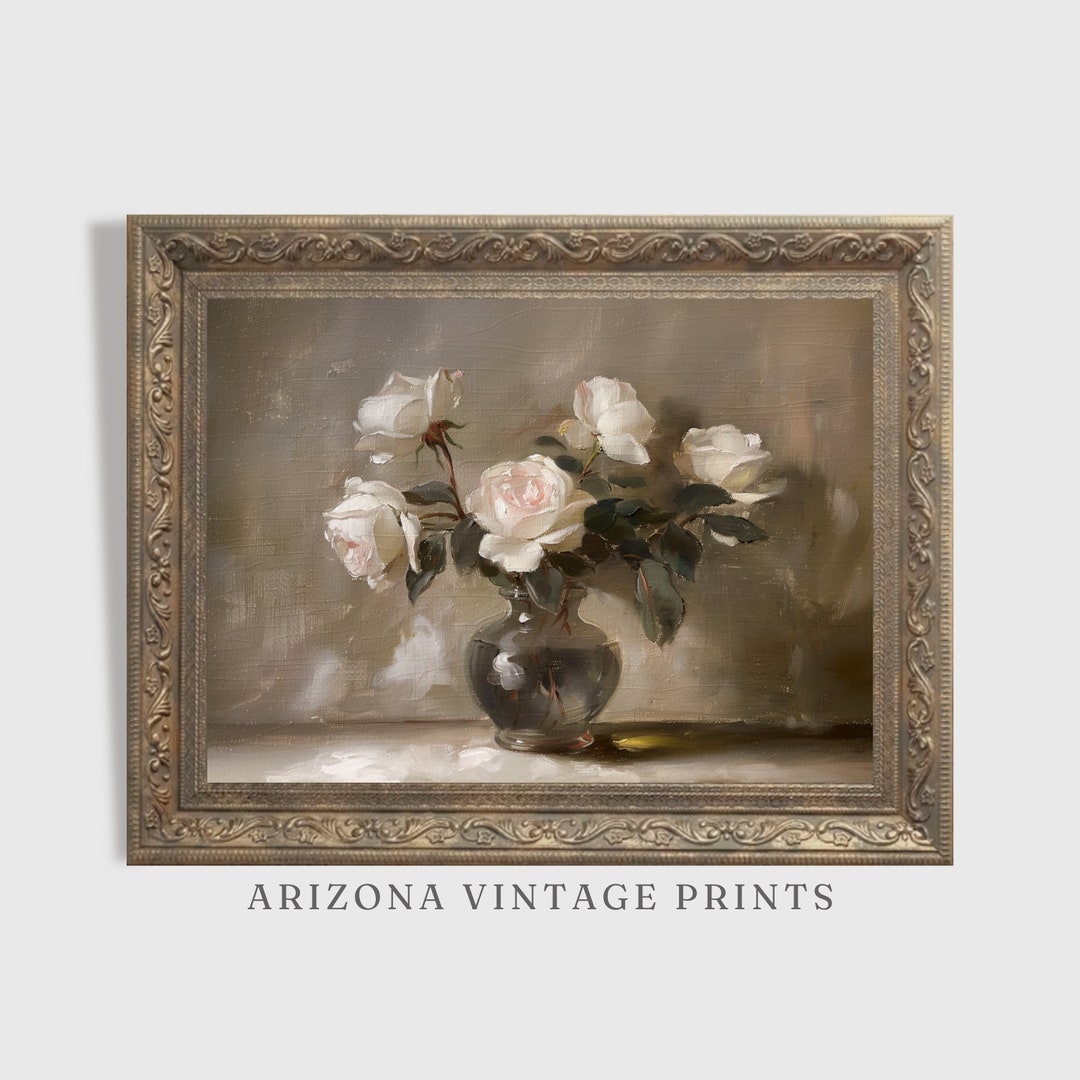 Vintage White Roses Oil Painting: Romantic Floral Still Life (digital ...