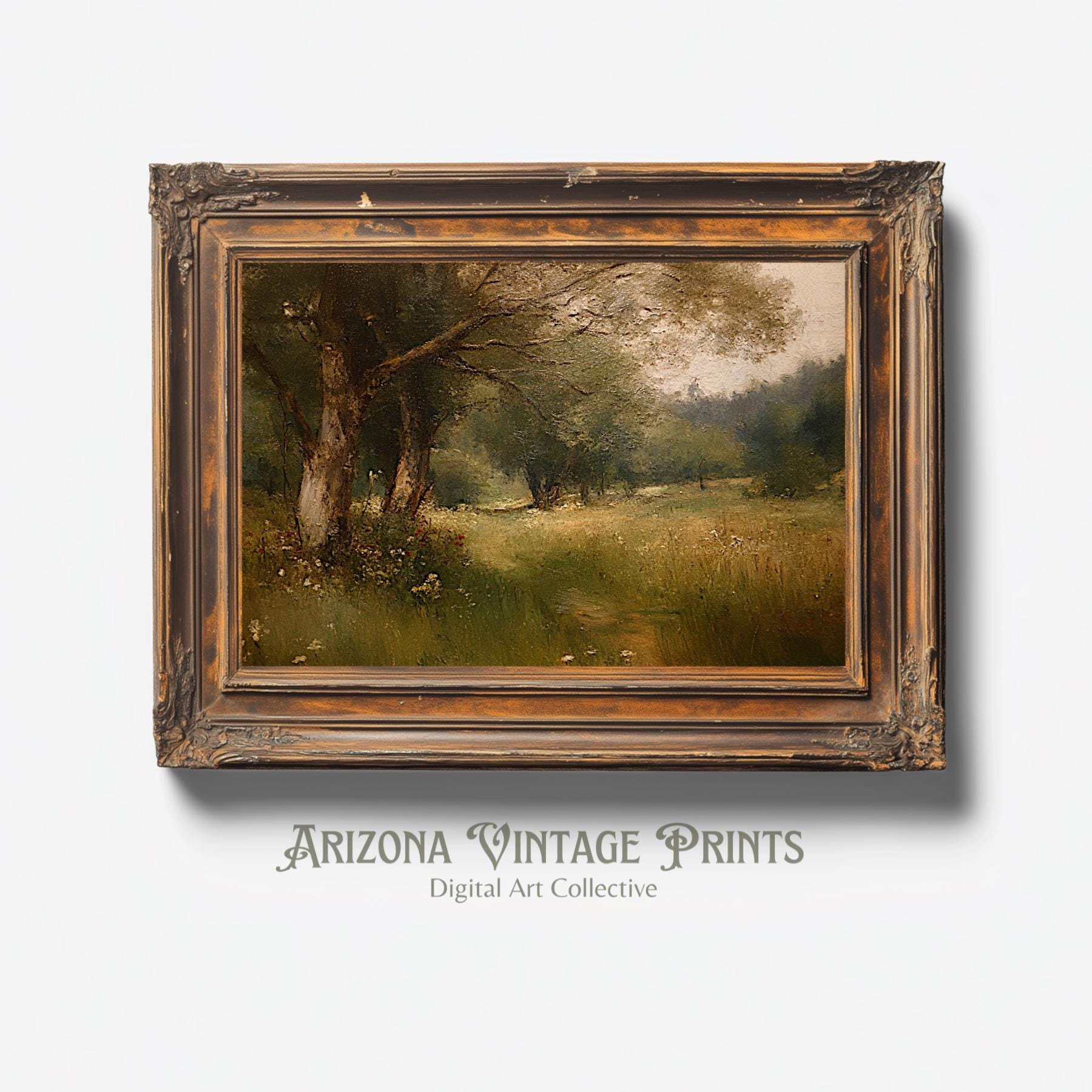 Forest Landscape Oil Painting: Sun Dappled Wooded Meadow Print