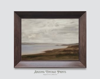 Vintage Lakeside Landscape Painting: Rustic Farmhouse Art (Digital Download)