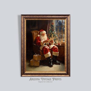 PRINTABLE - Santa Checking His List | Vintage Impressionist Oil Painting | Farmhouse Christmas Art | Digital Download - HP045