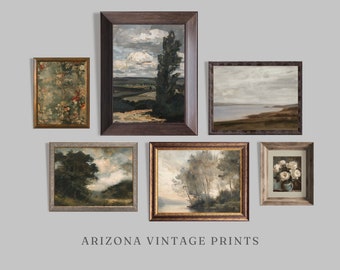 May include: A collection of five framed vintage landscape prints. The prints feature various scenes of nature, including trees, water, and clouds. The frames are all different colors and styles, adding to the eclectic charm of the collection.