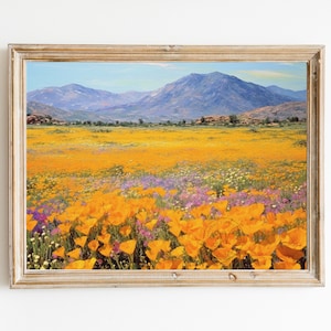 DRUCKBARE Vintage Malerei von Feld der wilden Blumen in einer Wüstenlandschaft | Weiche Warme Farben Öl auf Leinwand | Digitaler Download - SW044