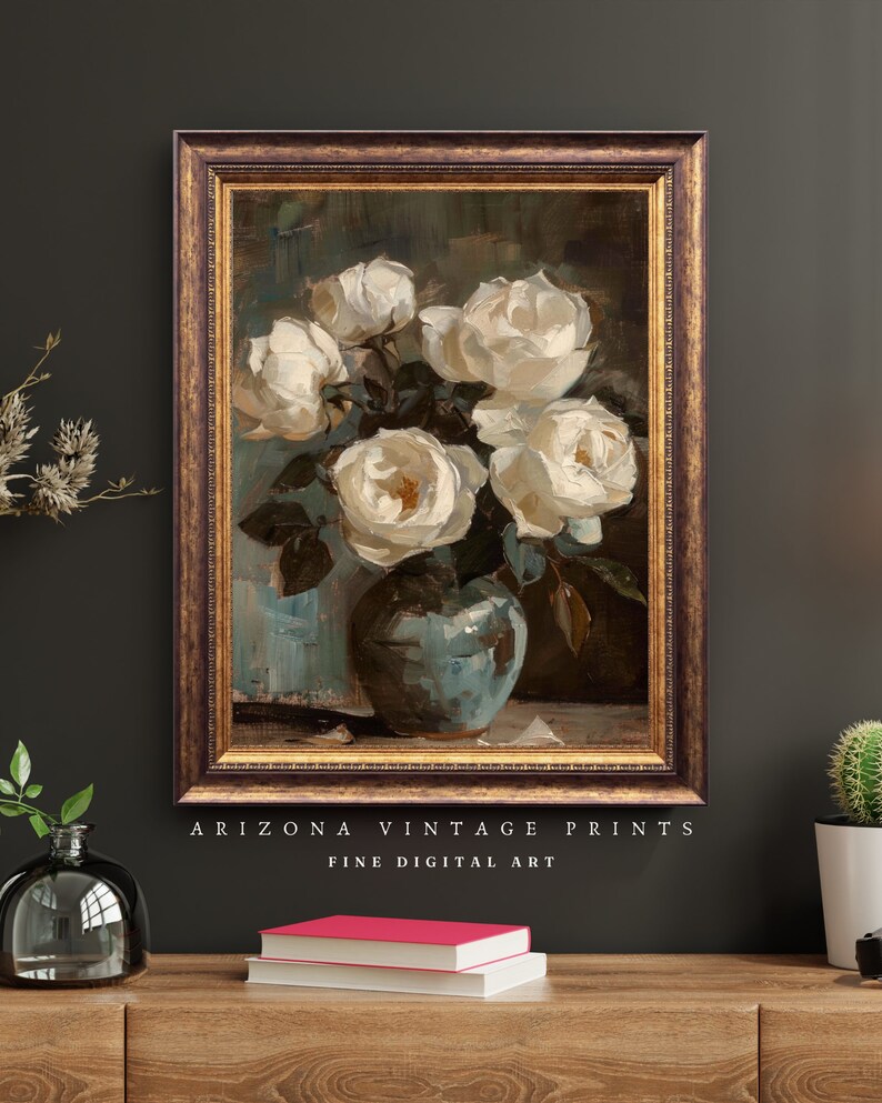White Roses Still Life Print: Vintage Impressionist Floral Oil Painting ...