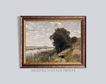 Vintage Riverside Oil Painting Print: Rustic Farmhouse Landscape (Digital Download)
