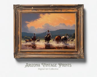 PRINTABLE - Rustic Cattle Drive | Romanticism Style Oil Painting | Vintage Southwest Print | Digital Download - SW093