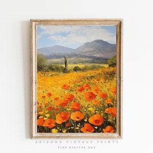 DRUCKBARE California Poppies in Wüstenlandschaft impressionistische Malerei | Weiche Warme Farben Öl auf Leinwand Stil | Digitaler Download - SW089