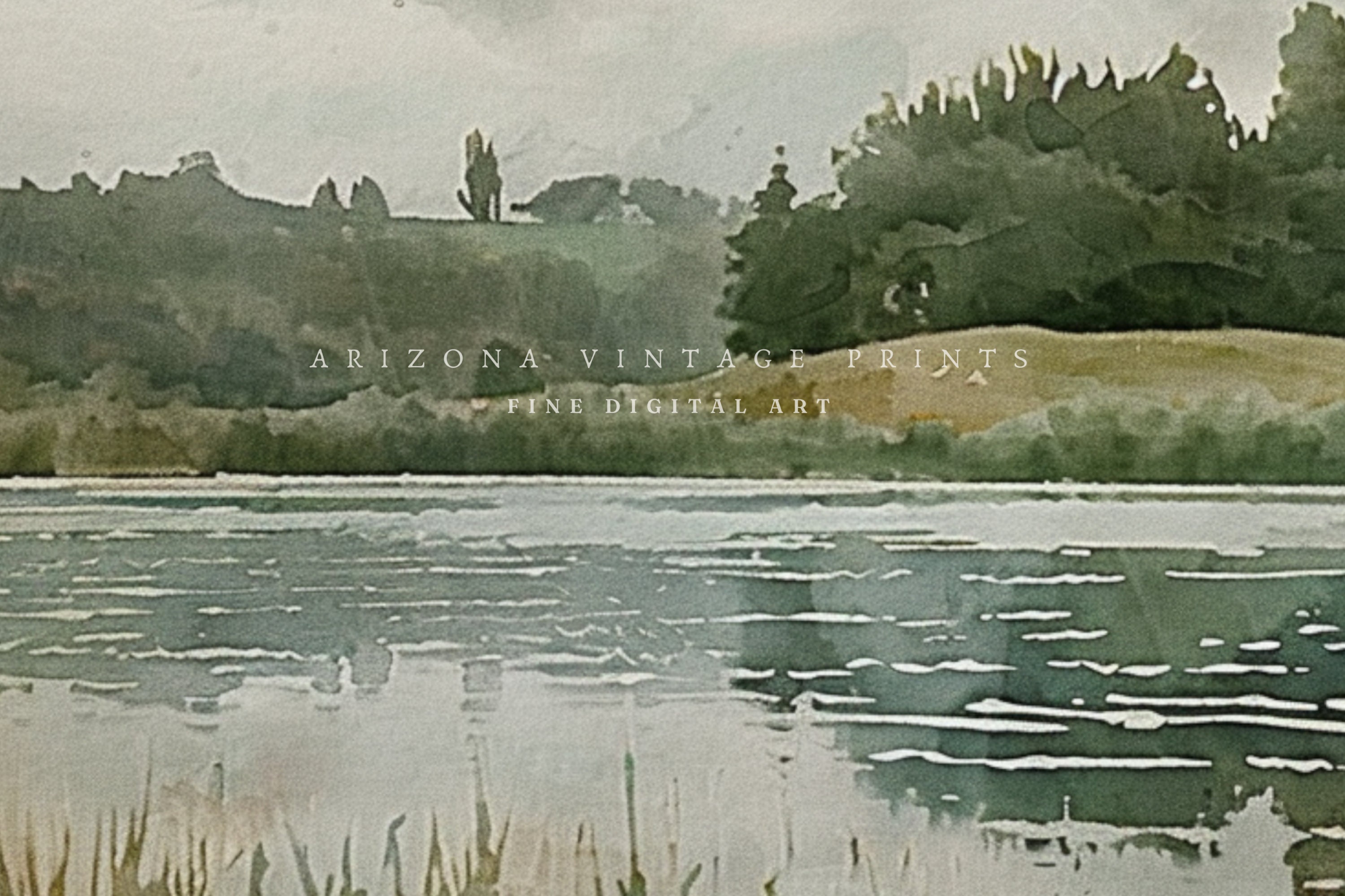 PRINTABLE - Lakeside Landscape | Antique Watercolor Painting | Vintage ...