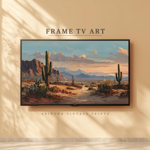 K1276 Vintage 1960's メキシカン 砂漠 アート 風景画 Frame TV Art: Desert Landscape Oil Painting - Vintage Southwest