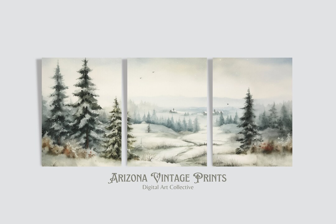 PRINTABLE Triptych 3 Panel Snowy Winter Landscape Antique Watercolor ...