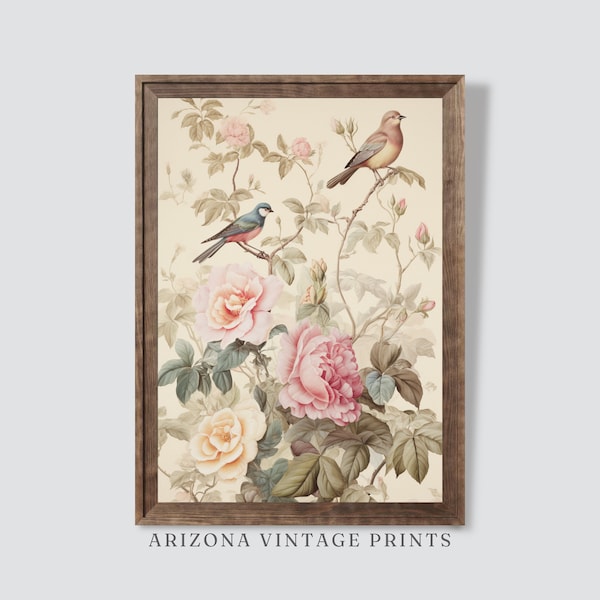 PRINTABLE Birds and Roses | Antique Flower Print | Vintage European Floral Art | Digital Download - FL006