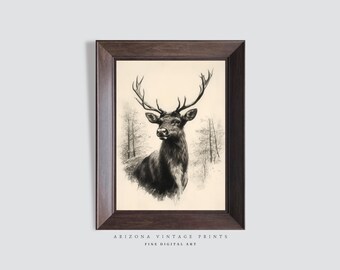 Vintage Reindeer Pencil Sketch: Rustic Christmas Art (Digital Download)