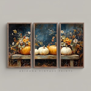 Pumpkin & Flowers Triptych Print: Vintage Impressionist Oil Painting (Digital Download)