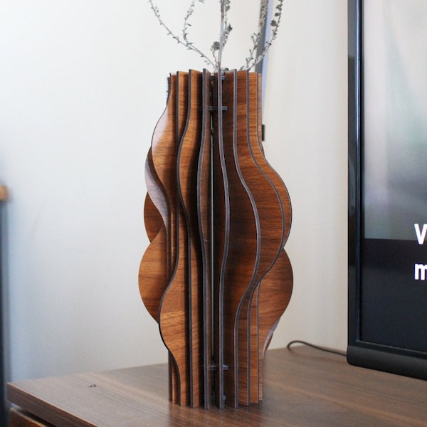 Walnut Parametric Wooden Vase, Office-Indoor Decor, Ornamental Vases, Unique Object Design Wood,  Abstract Wooden Vase for Dried Flowers