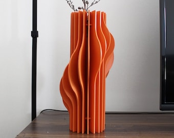 Orange Handmade Wood Wave Vase, Stylish Office-Indoor Ornament, Parametric Wood Vase, Walnut Wood Vase, Abstract Art Vase, Natural Wood Art