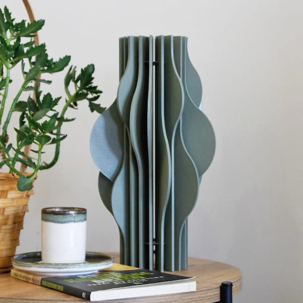 Green Contemporary Curved Vase for Faux Flowers, Stylish Wooden Vases,  Wooden Vase for Workspace, Interior Vases, Embellished Vases