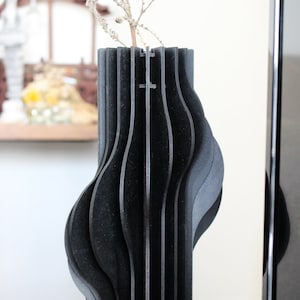 Black Parametric Wood Wave Vase, Unique Object Design, Office-Indoor Decor, Abstract Art Vase, Office Table Decor, Home Bar Accessories image 6