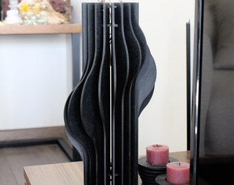 Black Parametric Wood Wave Vase, Unique Object Design, Office-Indoor Decor, Abstract Art Vase, Office Table Decor, Home Bar Accessories