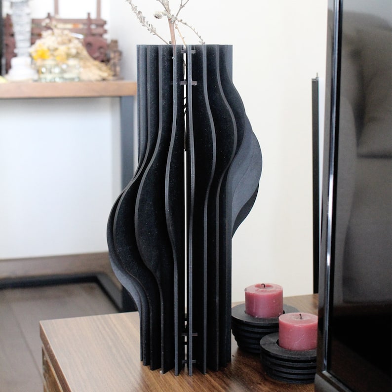 Black Parametric Wood Wave Vase, Unique Object Design, Office-Indoor Decor, Abstract Art Vase, Office Table Decor, Home Bar Accessories image 1