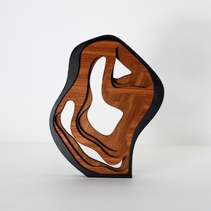 May include: Abstract wooden sculpture with a layered design. The sculpture features a dark brown wood grain interior, a black border, and a white negative space. The piece has a unique, organic shape and is displayed against a white background.