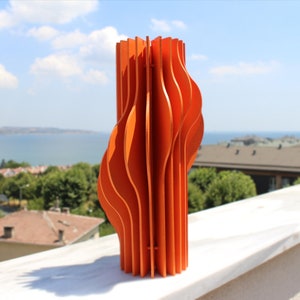 Orange Handmade Wood Wave Vase, Stylish Office-Indoor Ornament, Parametric Wood Vase, Walnut Wood Vase, Abstract Art Vase, Natural Wood Art image 3