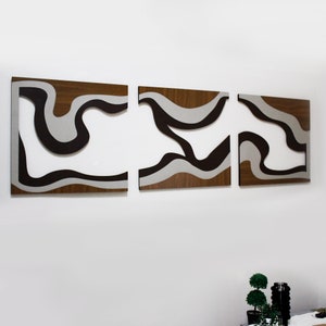 Contemporary Geometric Wave Wall Decor  - Abstract 3 Piece Modern Art, Wooden Wall Art for Office, Entrance, Living Room and Study Room