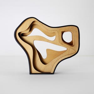 Puede incluir: Una escultura de madera en capas con un acabado de veta natural y un borde negro. El diseño presenta formas orgánicas y fluidas con espacio negativo, incluyendo un recorte circular. La obra de arte se encuentra sobre una superficie blanca.
