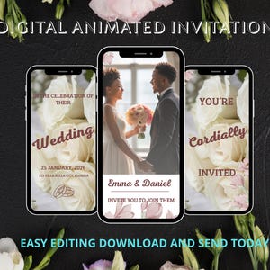 Peut inclure: Invitation de mariage animée numérique affichée sur trois smartphones. Le design présente un couple se tenant la main, des motifs floraux et le texte "Wedding" et "You're Cordially Invited". L'invitation comprend la date, le lieu et les noms.