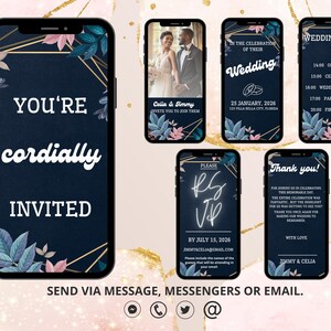 Peut inclure: Plusieurs écrans de smartphone affichent des modèles de faire-part de mariage. L'écran principal indique « Vous êtes cordialement invité » avec des motifs floraux et géométriques. D'autres écrans montrent les détails du mariage et les RSVP.