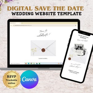 Pode incluir: Um laptop e um smartphone exibindo um modelo de convite de casamento digital. A tela do laptop mostra um design de envelope com o texto "Time to celebrate!". O telefone mostra uma foto e o texto "We're getting married". Inclui logotipos RSVP e Canva.
