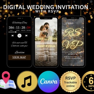Peut inclure: Conception d'invitation de mariage numérique avec les détails RSVP affichés sur trois smartphones. La conception comprend un compte à rebours, les détails du mariage et les informations RSVP. Icônes supplémentaires.