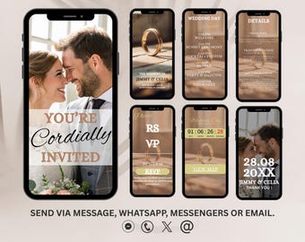 Puede incluir: Una serie de pantallas de teléfonos inteligentes que muestran los detalles de una invitación de boda. La pantalla principal muestra una pareja, con el texto "You're Cordially Invited". Otras pantallas incluyen horarios de boda, información de RSVP y un mensaje de agradecimiento. El diseño utiliza una paleta de colores neutros.