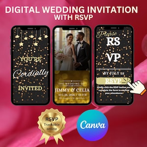 Peut inclure: Invitation de mariage numérique avec RSVP sur smartphones. L'invitation comprend le texte « Vous êtes cordialement invité » et les détails du mariage de Jimmy et Celia. Les informations RSVP sont également incluses.