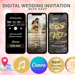 May include: Digital wedding invitation with RSVP displayed on three smartphones. The invitations include a countdown, wedding details, and RSVP information. Icons for location, music, Canva, and RSVP are also shown.