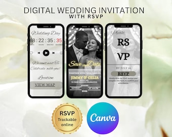May include: Digital wedding invitation with RSVP displayed on three smartphones. The invitations include wedding details, a countdown timer, and RSVP information. Gold RSVP badge and Canva logo are also shown.