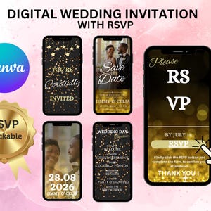 May include: Digital wedding invitation with RSVP, featuring multiple smartphone screens displaying wedding details. The screens showcase the text "You're Cordially Invited", "Save the Date", and RSVP information. A Canva logo and RSVP Trackable badge are also present.