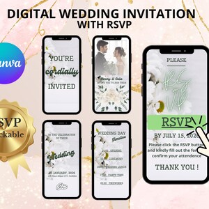Peut inclure: Invitation de mariage numérique avec RSVP, avec un logo Canva et un badge doré RSVP traçable. L'invitation s'affiche sur les smartphones, présentant les détails du mariage, la photo du couple et les instructions RSVP.