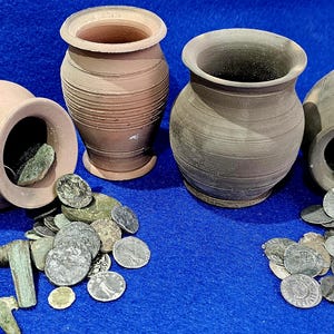May include: Four antique terracotta pots, some overturned, spilling out ancient coins. The pots are various shades of brown and grey, set against a blue background. The coins are silver and bronze.