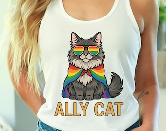 Pride Ally Cat Racerback Tank, Funny Pride Shirt, Retro Rainbow Cat Tank, Cat Pride Top, LGBTQ Apparel, LGBT Gifts, Love Is Love Tank