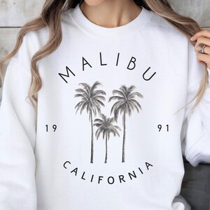Malibu Sweatshirt, Malibu Sweater, Malibu Shirt, Beach Crewneck Pullover, Trendy Top, Malibu California Merch, Cozy CA Travel Souvenir