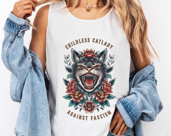 Tanque de dama de gato sin hijos, camiseta sin mangas de damas de gato sin hijos, top contra el fascismo, camisa feminista, dama de gato sin hijos para la camisa Kamala Harris