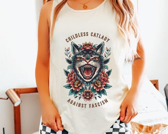 Dama gato sin hijos contra el tanque del fascismo, camiseta sin mangas para damas gato sin hijos, camisa feminista, dama gato sin hijos para Kamala Harris Tank Top