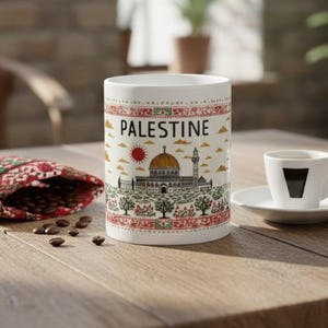Palestine Mug, Palestinian Coffee Cup, Mosque Mug, Middle East Aesthetic, Donate Portion of Proceeds, 11 oz Coffee Cup with handle, 15 oz