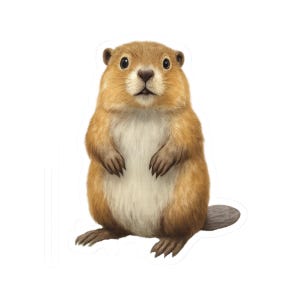 May include: A detailed illustration of a beaver standing upright, featuring a light brown coat, a white belly, and a gray tail. The beaver has a surprised expression with wide eyes and its paws are visible.